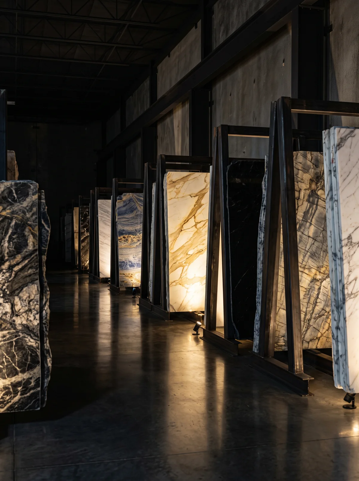 Marble and granite slabs standing in the La Clara showroom in Holliston, Massachusetts
