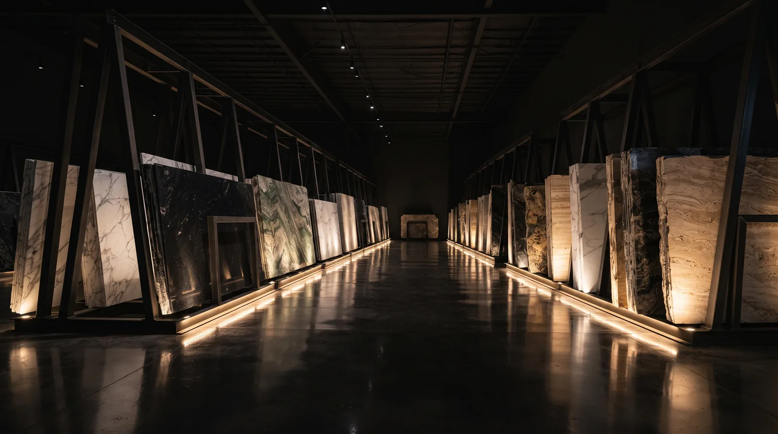Aisle of marble, granite and quartzite slabs standing on lit steel racks inside the La Clara warehouse in Holliston