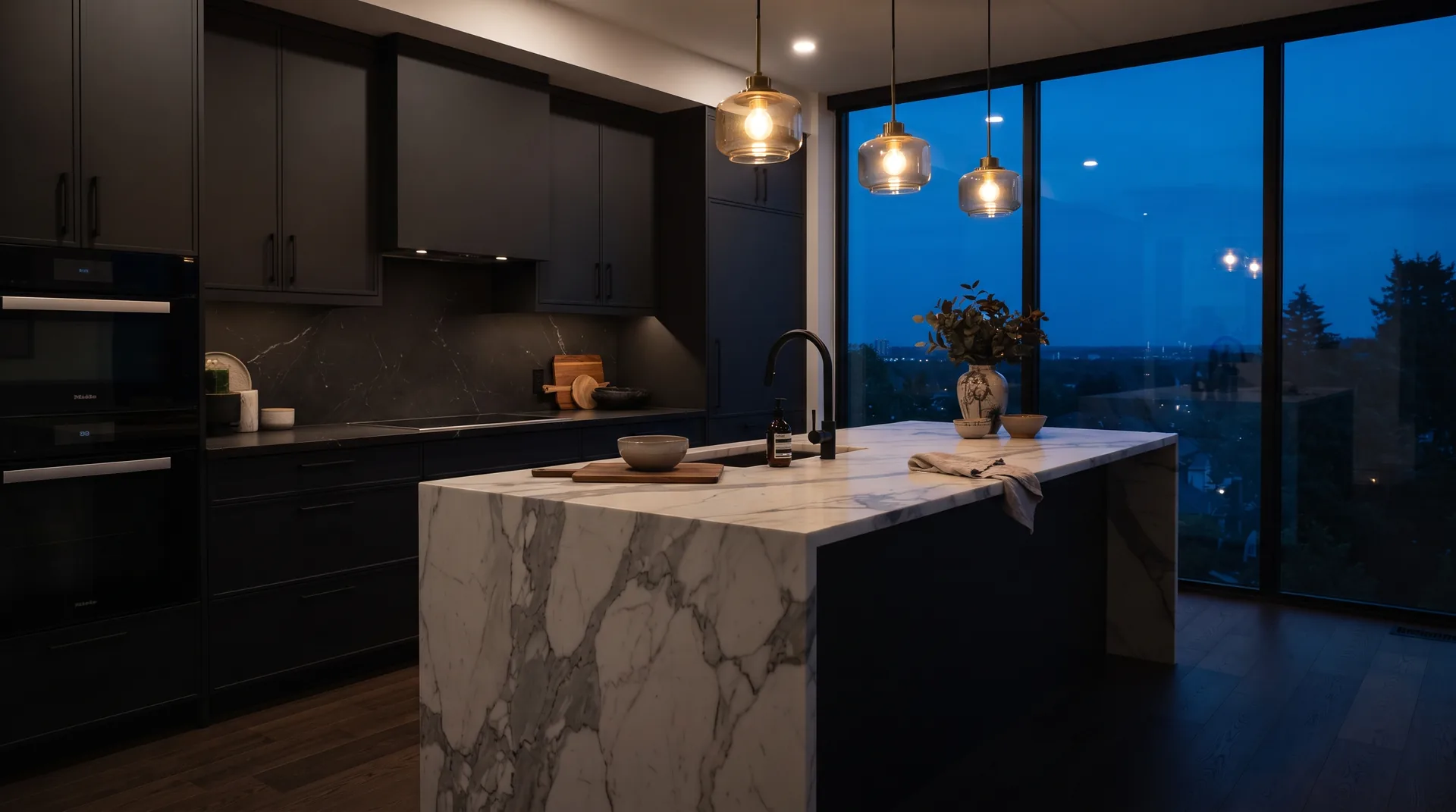 Marble waterfall island with a mitered edge in a dark modern kitchen lit by pendant lights at dusk