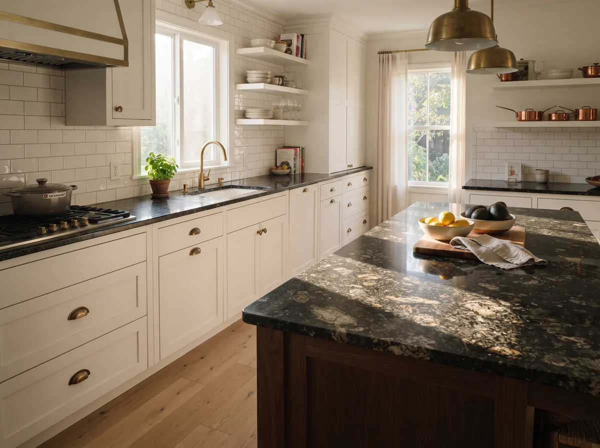 Speckled black granite countertop and island in a kitchen with white shaker cabinets and brass hardware