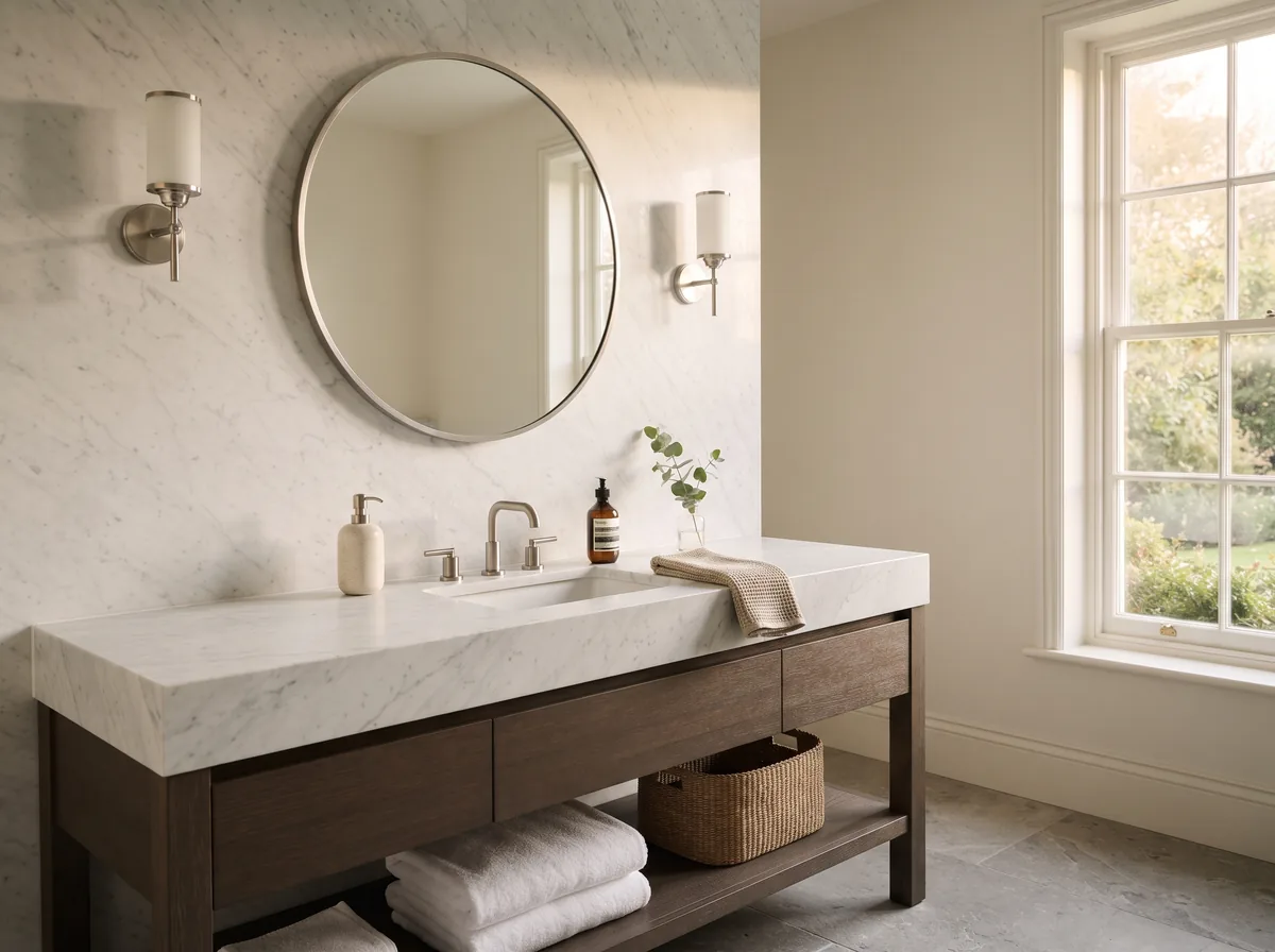 Honed white marble vanity top with soft grey veining and a full marble slab wall behind it