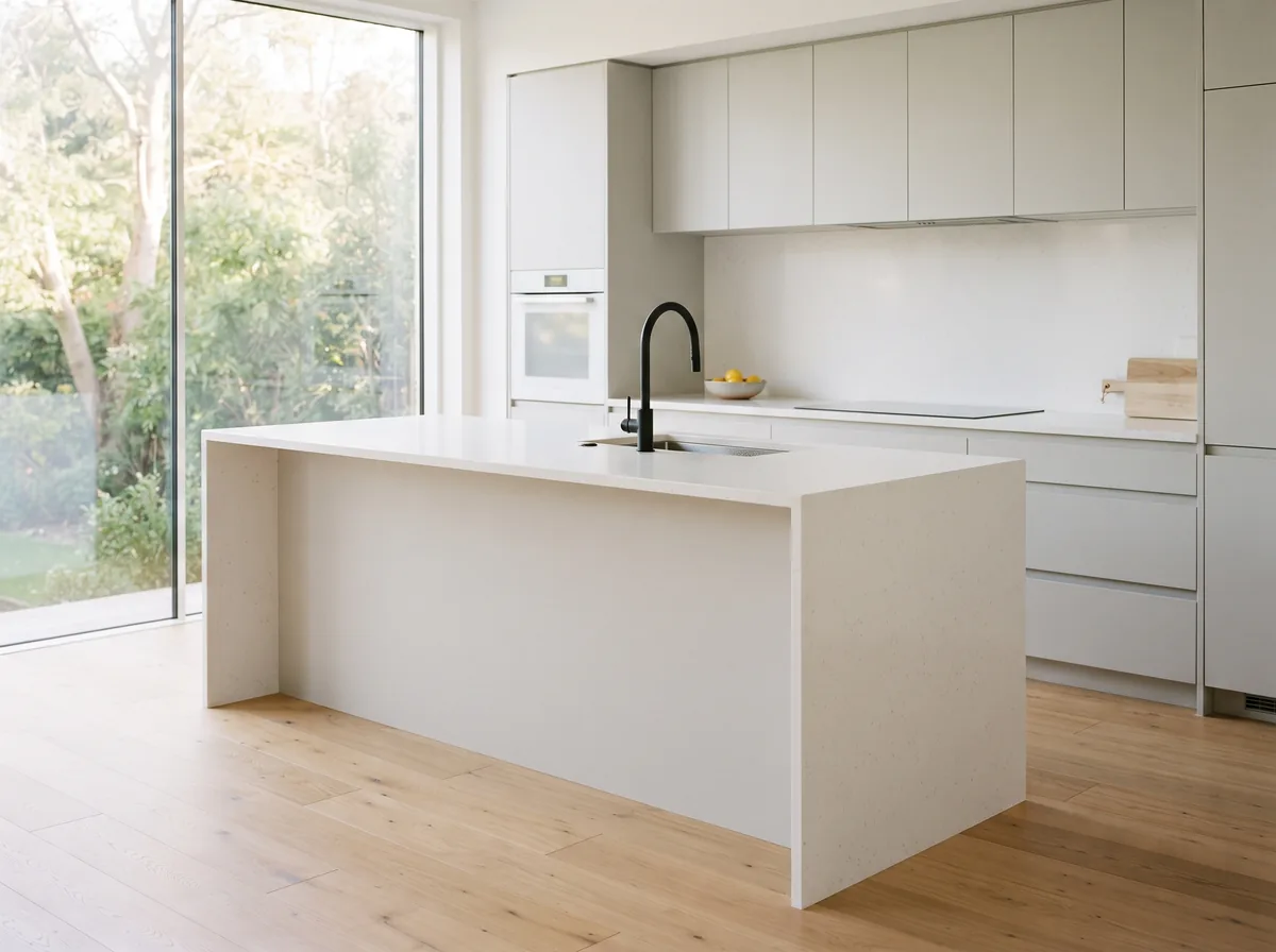 White engineered quartz countertop and waterfall island in a bright kitchen with handleless pale grey cabinets