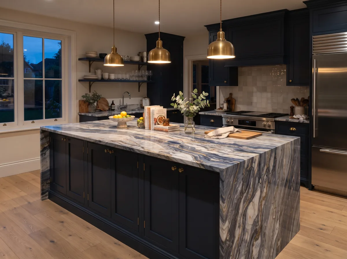 Blue and white quartzite island slab with bold flowing veining over navy cabinets under warm pendant lights