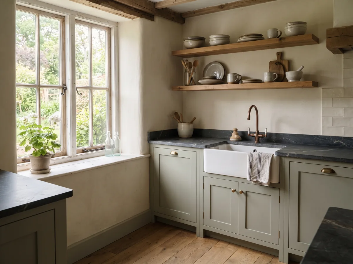 Deep charcoal soapstone countertop with a white apron front sink and open wood shelving