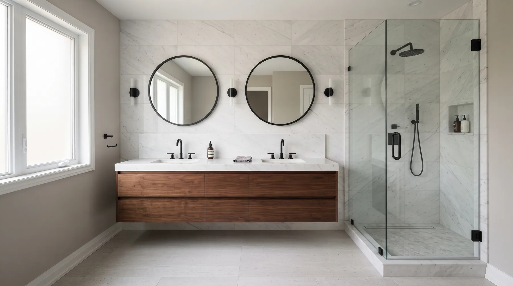 Luxury bathroom with marble vanity top, tile walls and glass shower