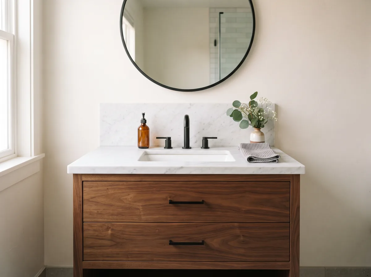 Walnut vanity with honed white marble top