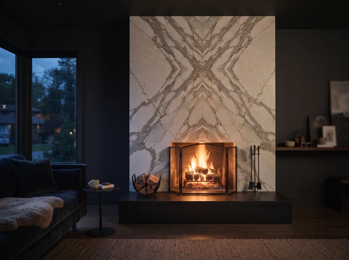 Book matched marble slab fireplace surround