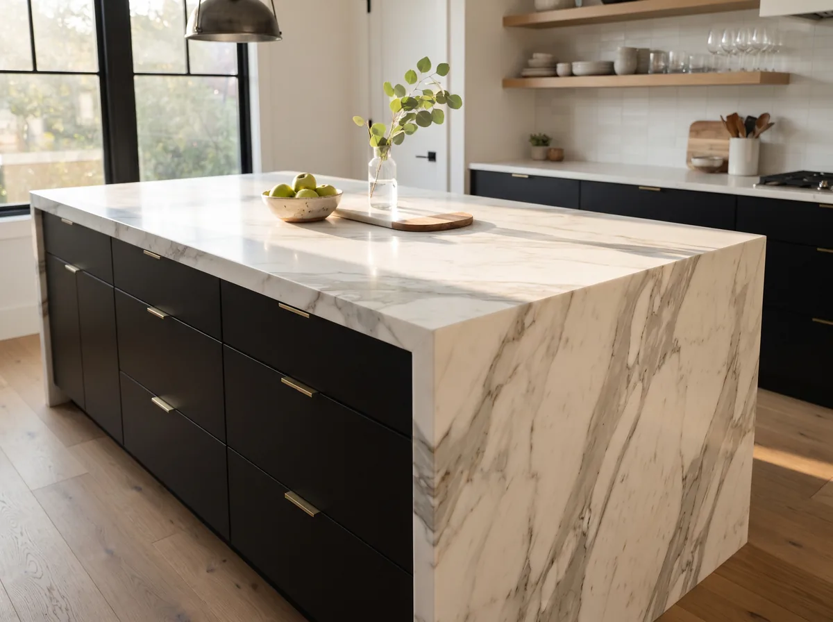 White marble kitchen island with waterfall edge
