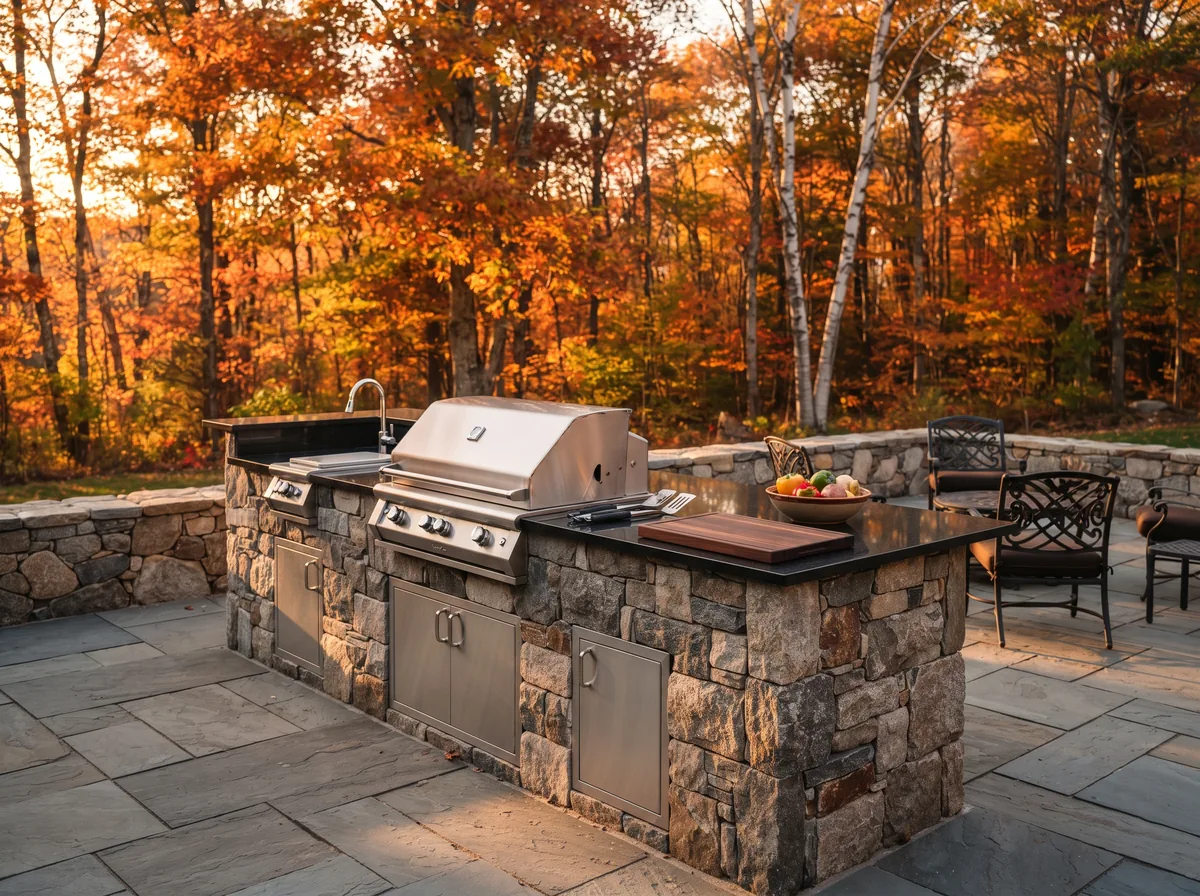 Outdoor kitchen with dark granite countertop on a New England patio