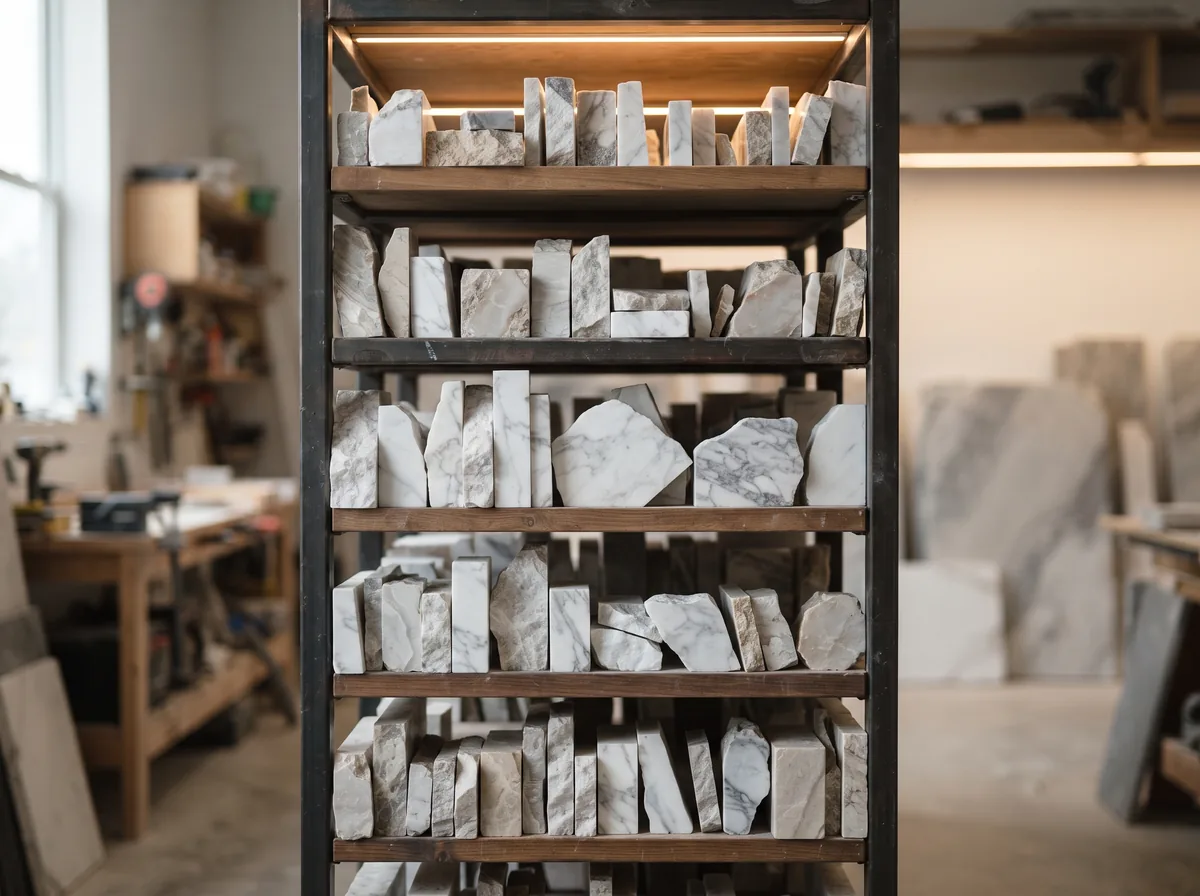 Marble and quartzite remnant pieces on a workshop rack