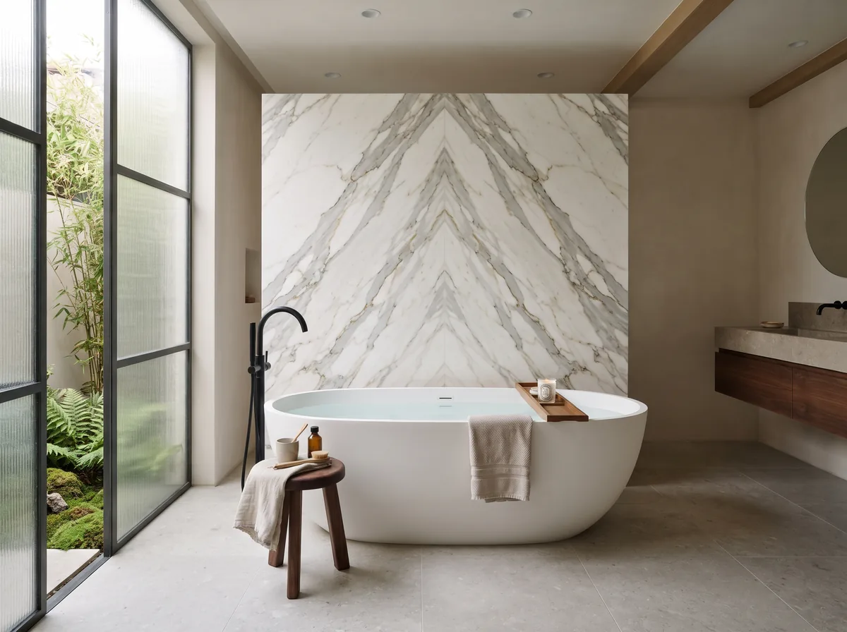 Freestanding tub against a book matched marble slab wall